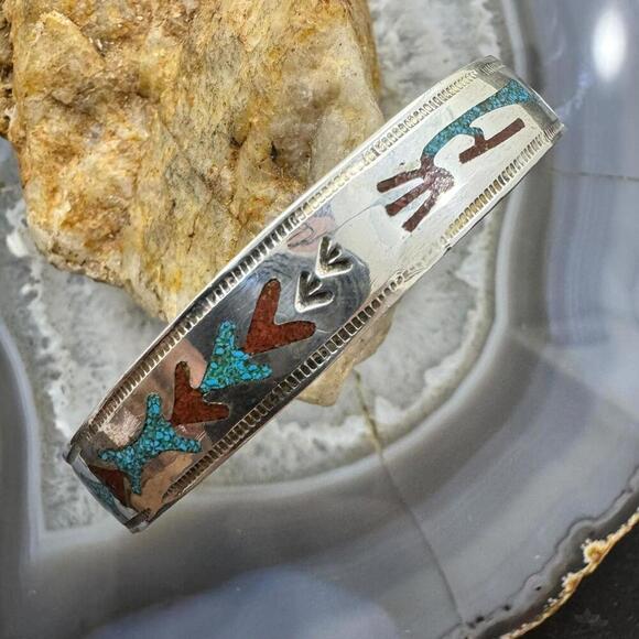 Vintage Native American Kokopelli Turquoise &Coral Chip Inlay Bracelet For Women - Picture 1 of 10